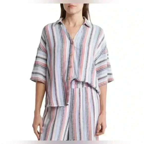 Women’s LAUNDRY by Shelli Segal Button Front Shirt in Blue Multi Stripe - Picture 1 of 13